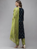 Yufta Women Blue and Green Embroidered Kurta with Trouser and Dupatta Set | Grocsy