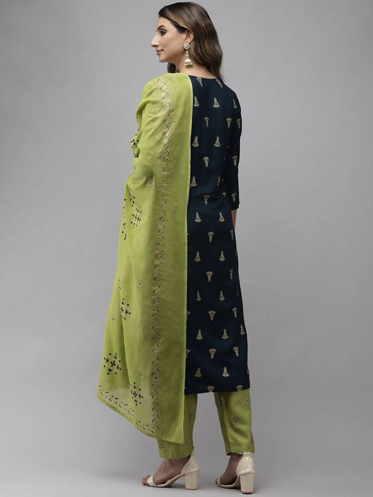 Yufta Women Blue and Green Embroidered Kurta with Trouser and Dupatta Set | Grocsy