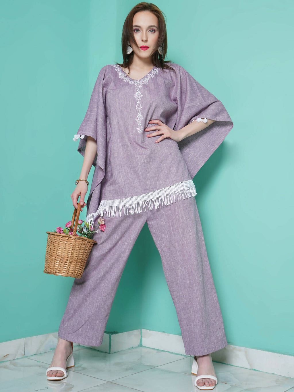 Women Republic Purple Cotton Kafttan With Palazzo | Grocsy