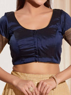 Joban Fashion Navy Blue Taffeta Silk Padded Blouse With Round Neck Elbow Sleeves | Grocsy