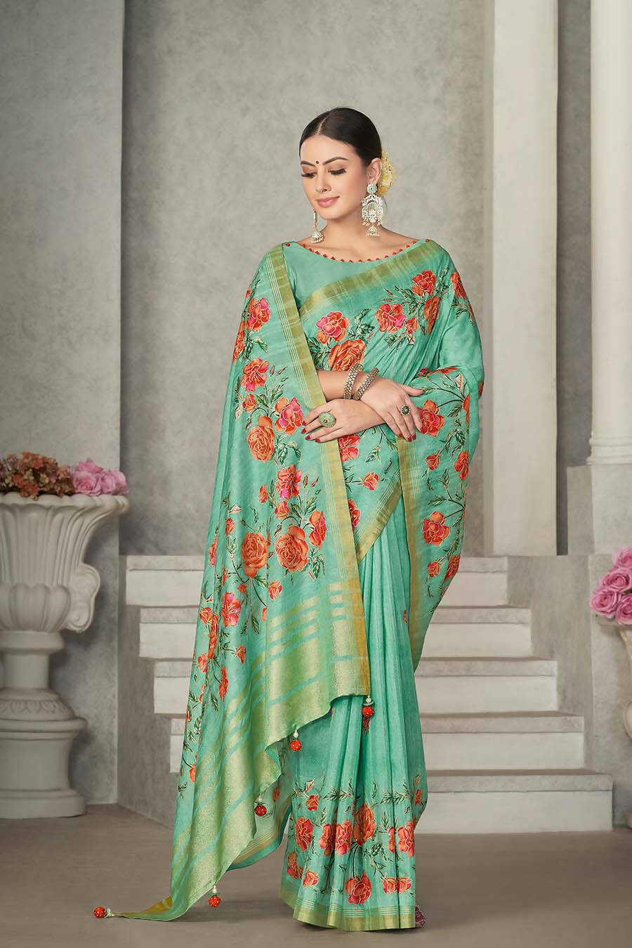 Sea Green Rangkat Tussar Silk Woven Design Saree with Unstitched Blouse - Mohmanthan Eshani | Grocsy