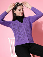 Women Pointelle Purple Acrylic Winter Cardigan - Wool Trees | Grocsy