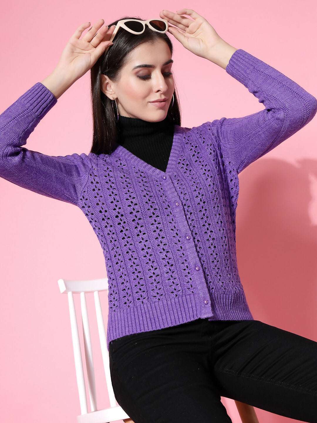 Women Pointelle Purple Acrylic Winter Cardigan - Wool Trees | Grocsy