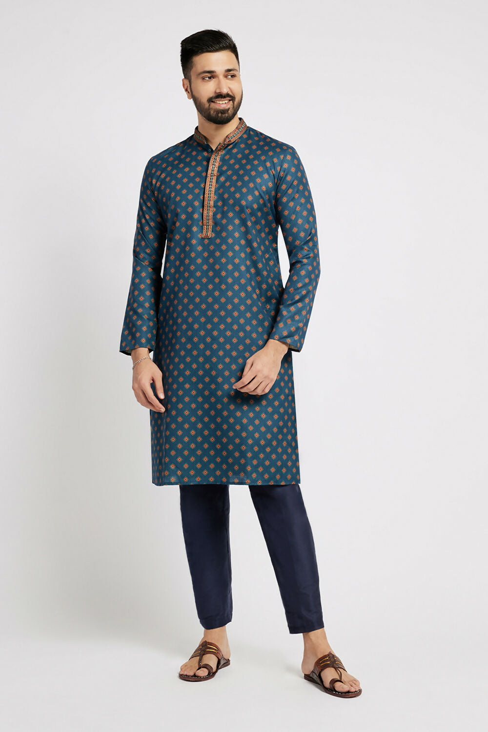 Ethnic India Blue Men's Kurta Ethnic Motifs Polyester | Grocsy