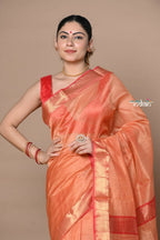 Very Much Indian Rajsi - Handloom Ari Checks Cotton Silk Saree With Golden Border - Orange | Grocsy