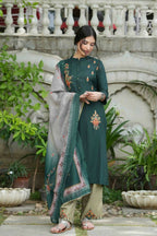Juniper Bottle Green Mono Viscose Festive Wear Embroidered Straight Kurta Pant Dupatta Set | Grocsy