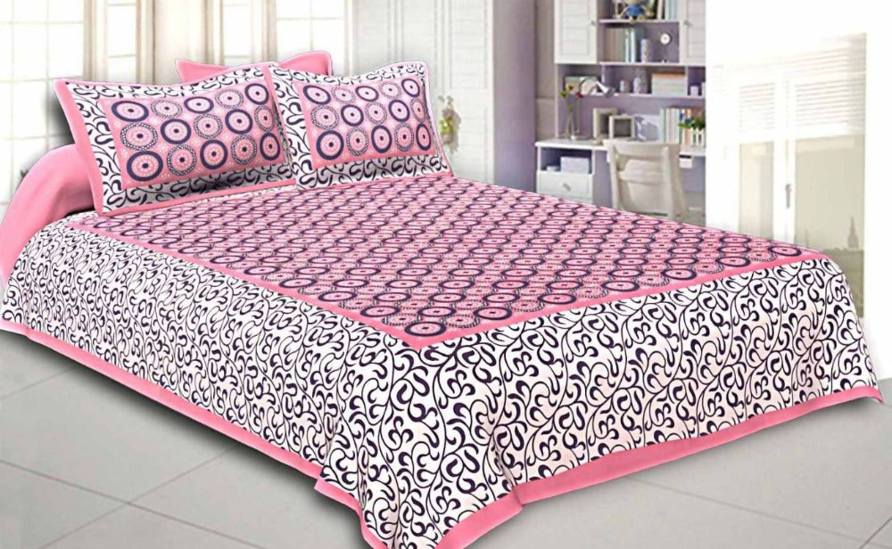 Vamika Printed Cotton Pink & Black Bedsheet With Pillow Covers (LEOD_CHKR_P) | Grocsy