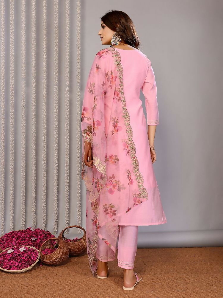 Joban Fashion Women Light Pink Roman Embroidery Stitched Kurta Set | Grocsy