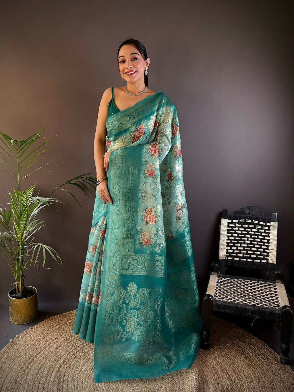 Joban Fashion Teal Floral Motifs Banarasi Silk Sarees | Grocsy