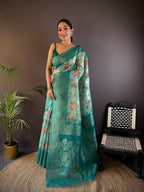 Joban Fashion Teal Floral Motifs Banarasi Silk Sarees | Grocsy
