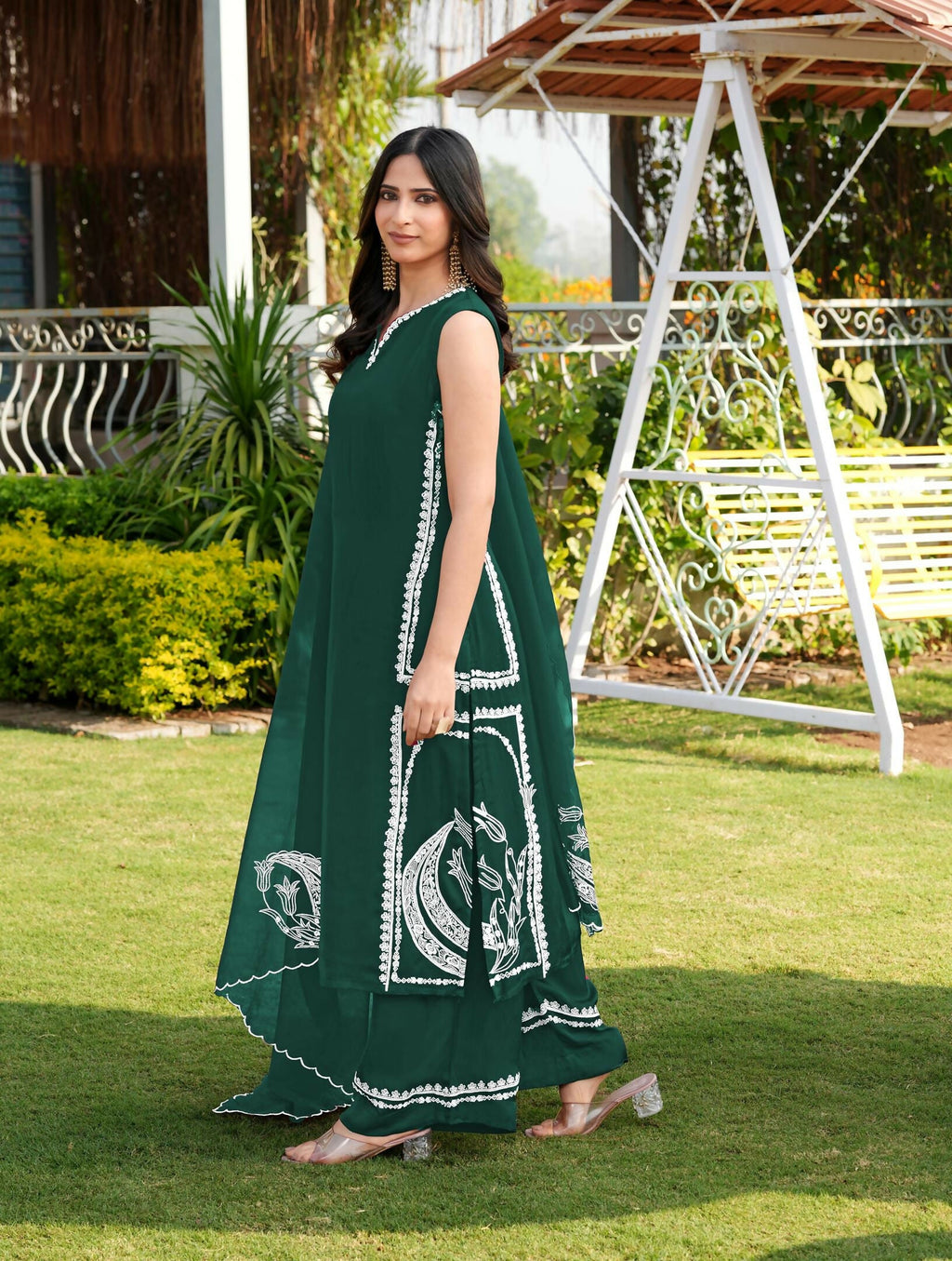 Nikhaar Dark Green Embroidered Modal Silk Stitched Straight Cut Kurta Culottes Dupatta Readymade Suit | Grocsy