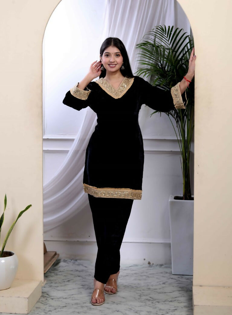 Miravan Women's Black Velvet Dreams Embroidered Co-ord Set | Grocsy