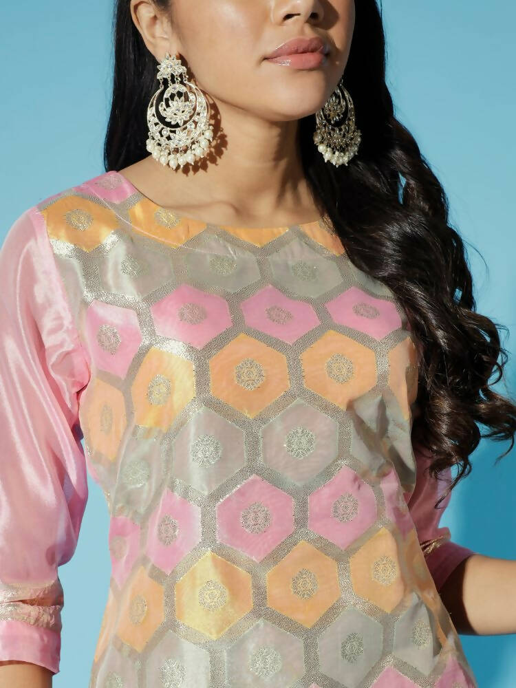 Myshka Women Pink Printed Kurta & Trousers With Dupatta | Grocsy