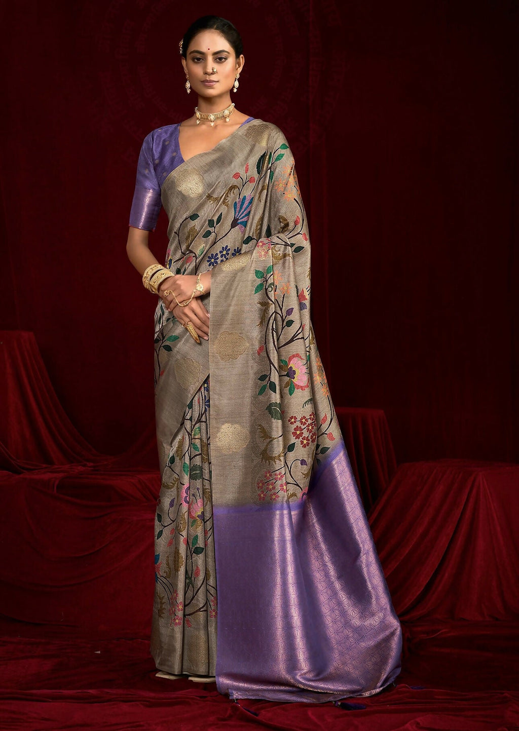 Joban Fashion Powder Blue Soft Silk Weaving Fabric With Digital Jamdani Print With Jacquard Rich Pallu & Blouse With Spring Tassels | Grocsy