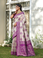 Shree Shyam Fashion Cream With Purple Silk Blend Saree | Grocsy