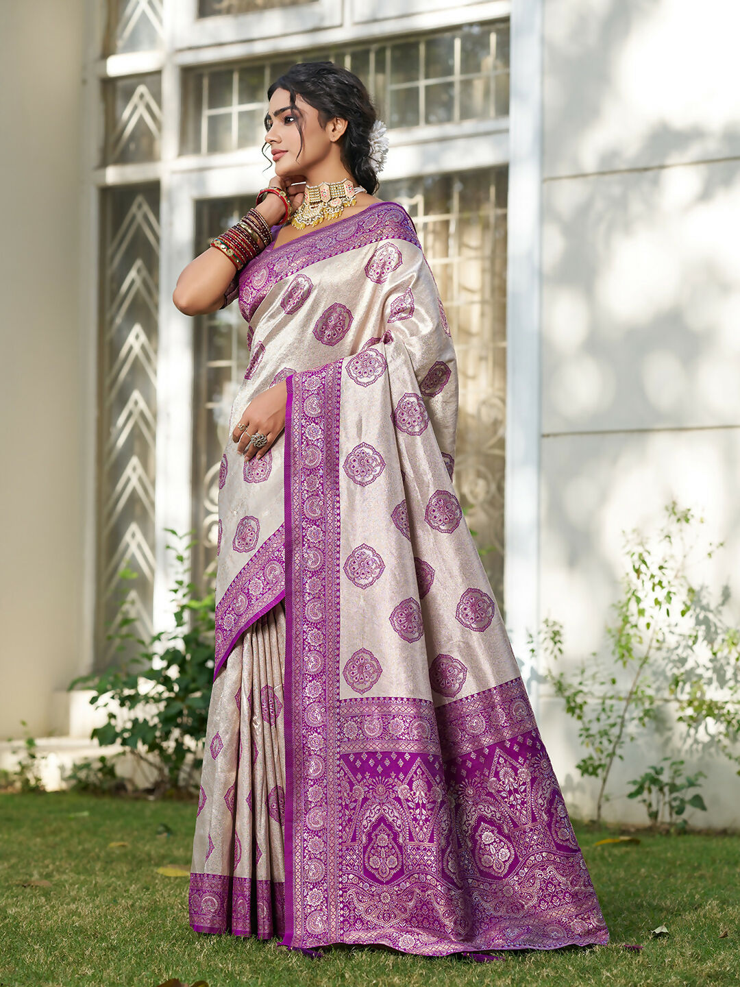 Shree Shyam Fashion Cream With Purple Silk Blend Saree | Grocsy