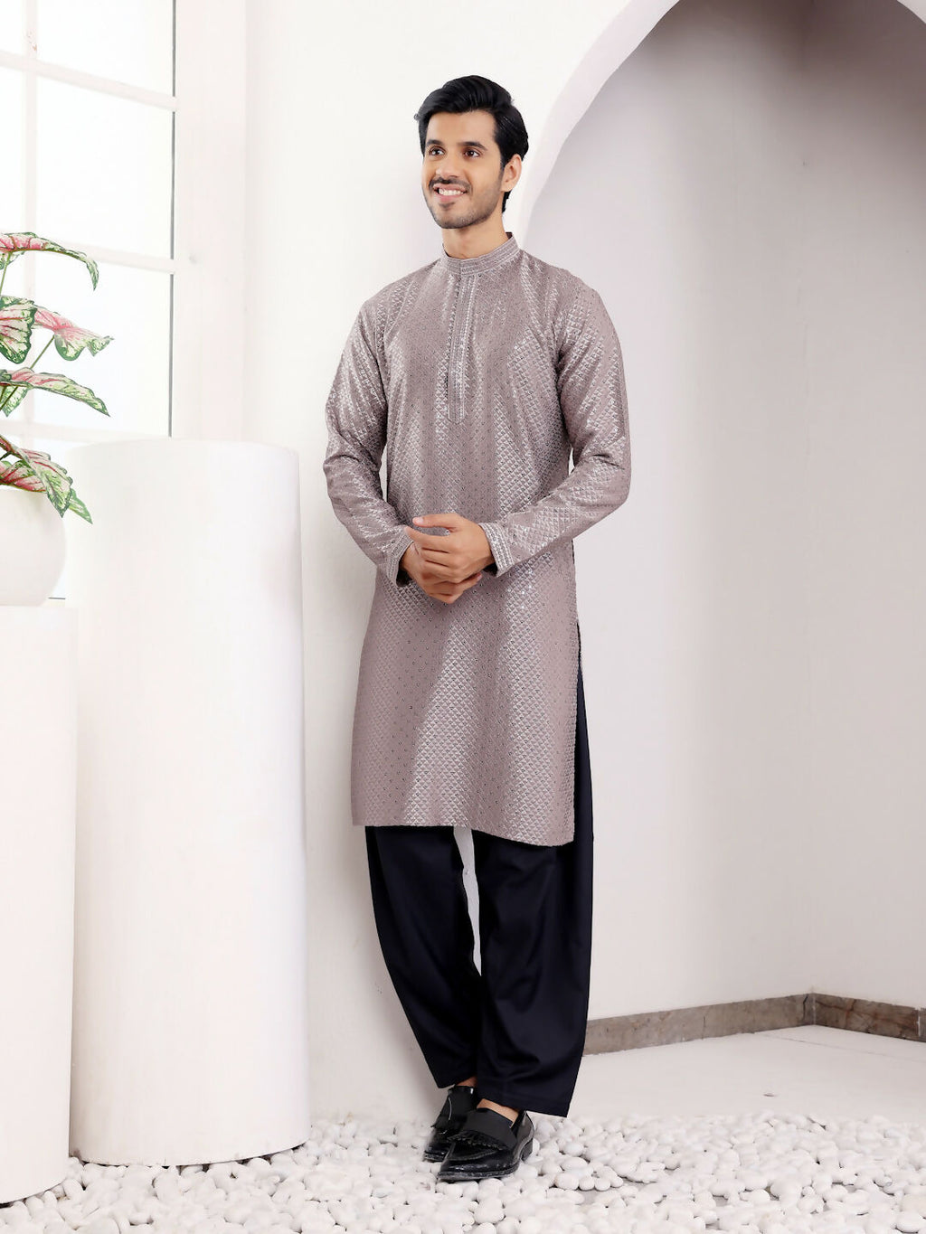 Grey Viscose Designer Chikankari Embroidery Work Men's Kurta - Mahotsav | Grocsy