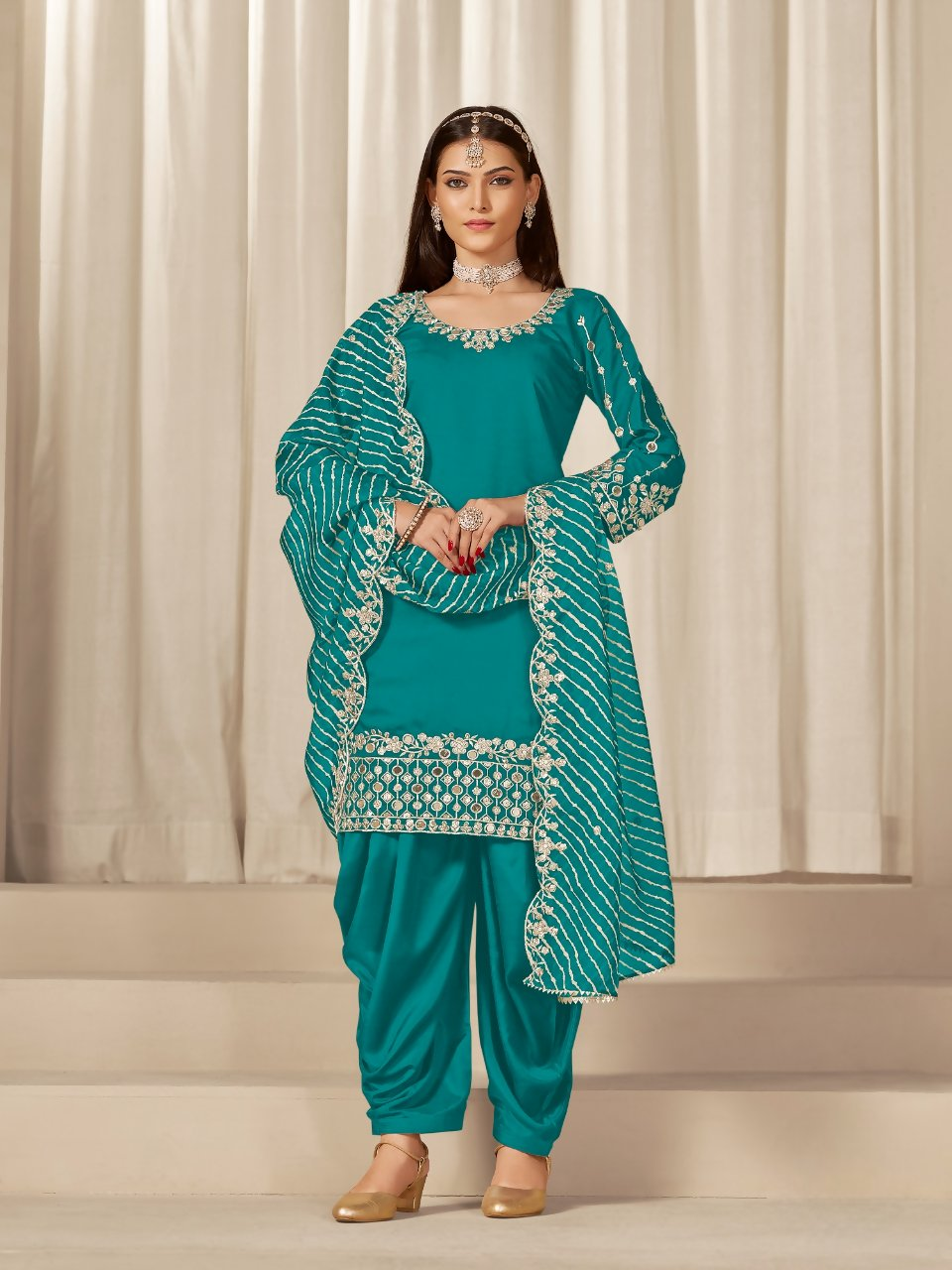 Anaita Turquoise Roman Silk Stitched Suit with Embroidery & Real Mirror Work | Grocsy