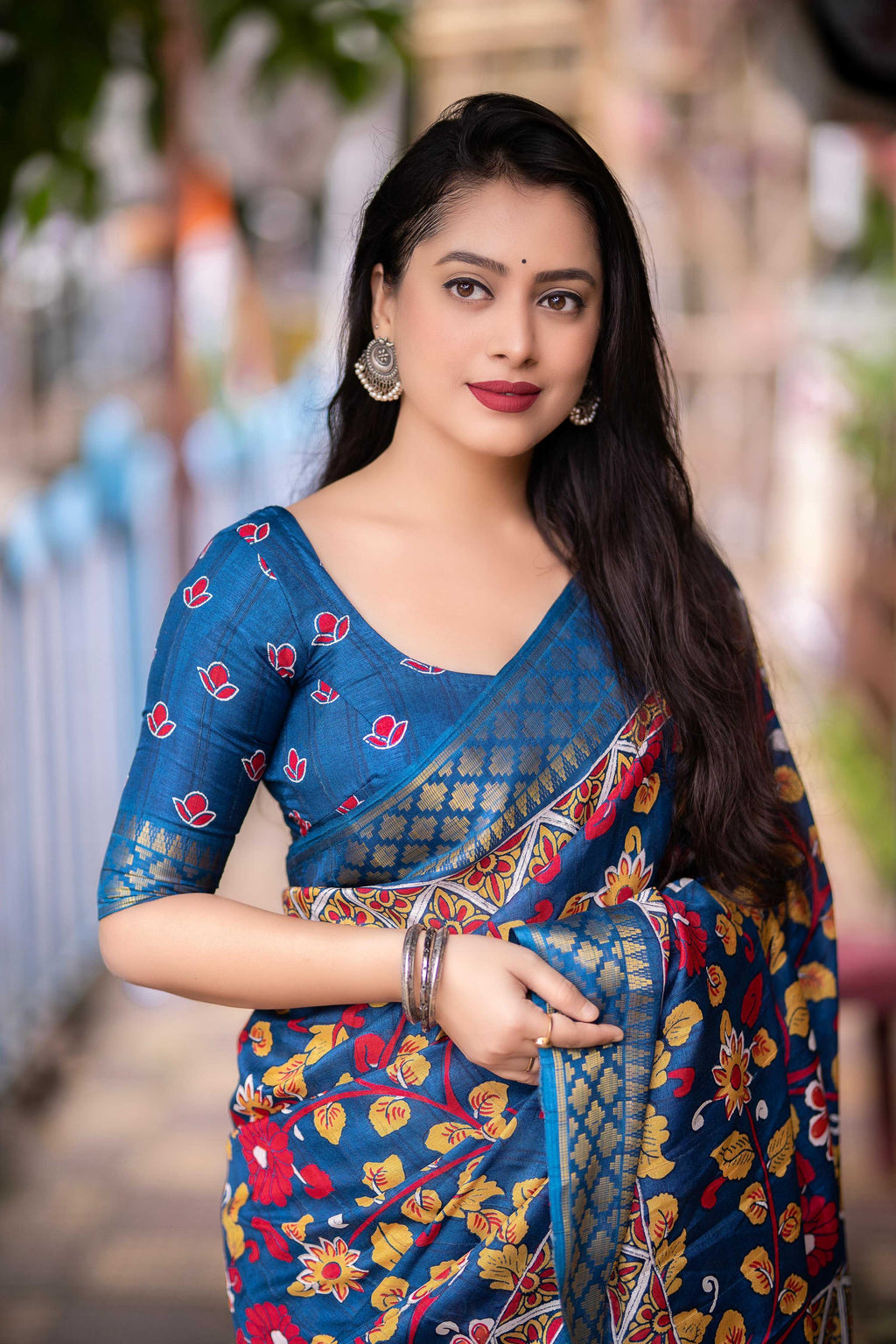 Blue Slub Silk Printed Saree with Unstitched Blouse - Hiral Fashion | Grocsy