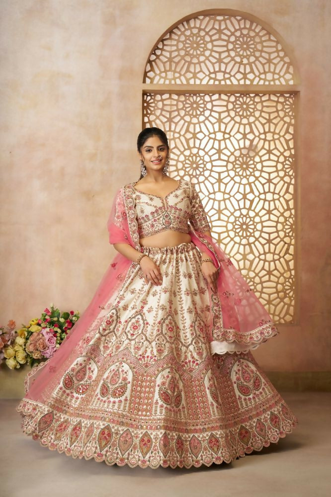 Kesar Fab White Silk Embroidered Lehenga | Grocsy