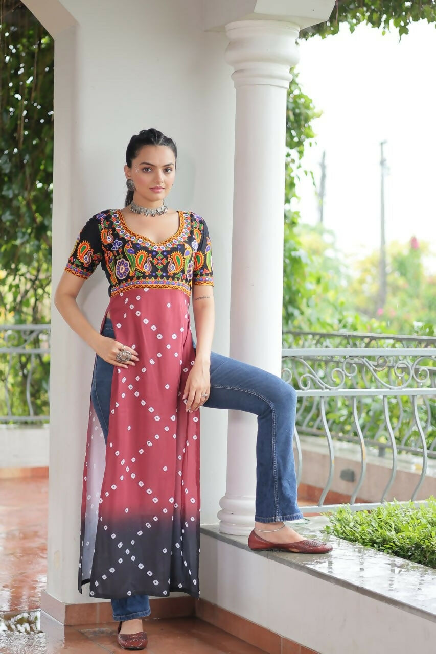 Vastranavya Black Navratri Special Kutchi Gamthi Work with Printed Kurti | Grocsy