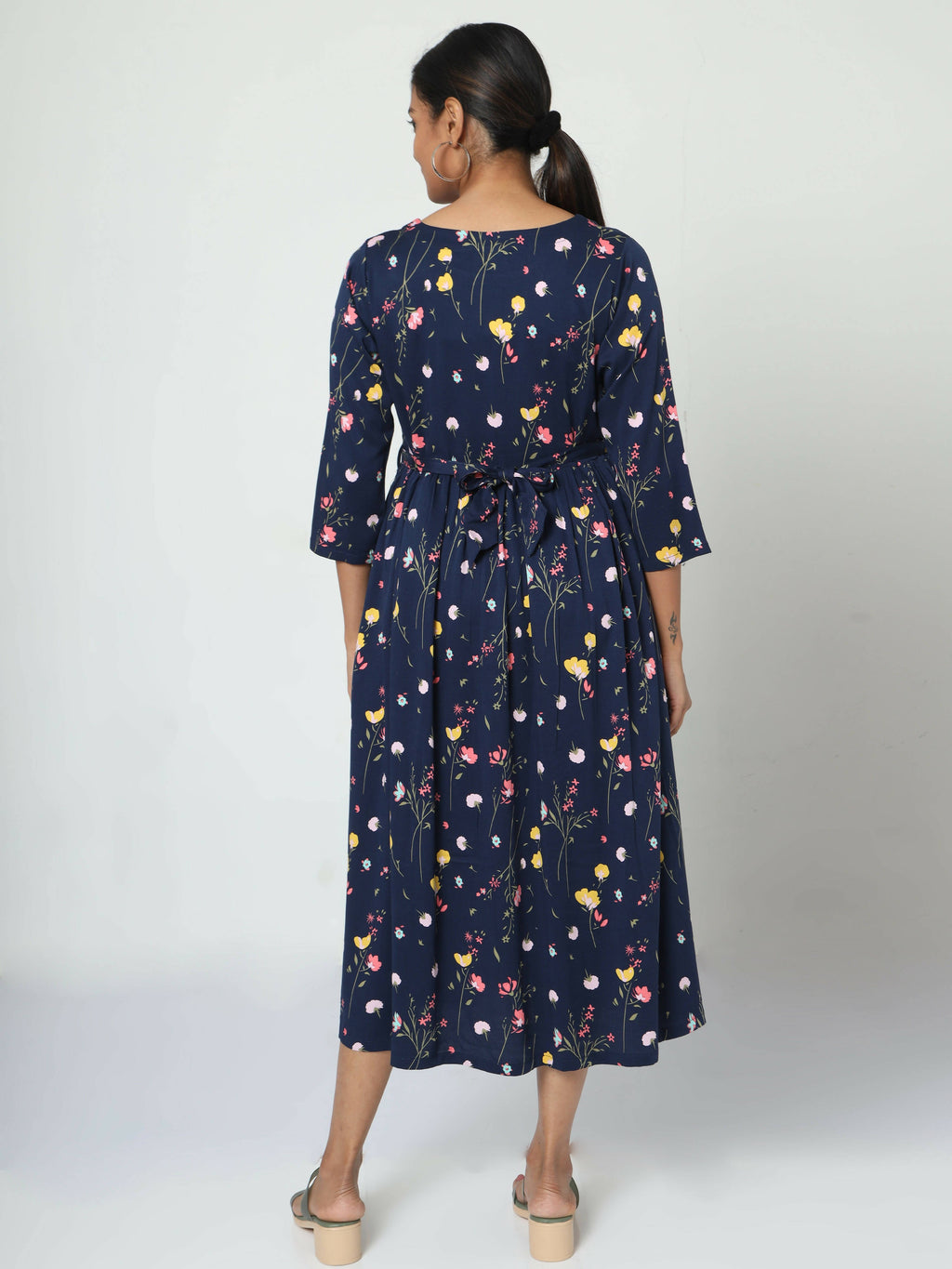Manet Three Fourth Maternity Dress Floral Print With Concealed Zipper Nursing Access - Navy Blue | Grocsy