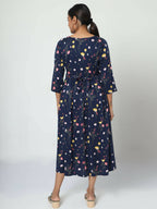 Manet Three Fourth Maternity Dress Floral Print With Concealed Zipper Nursing Access - Navy Blue | Grocsy