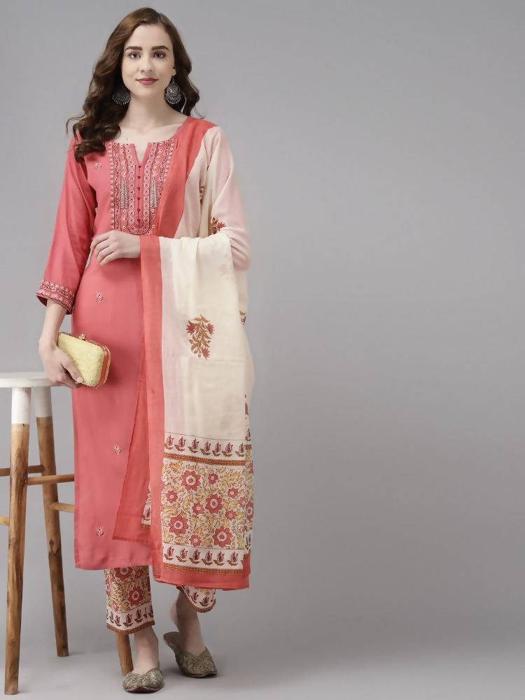 Yufta Women Pink Ethnic Motifs Embroidered Kurta with Palazzo & Dupatta | Grocsy