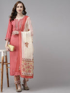 Yufta Women Pink Ethnic Motifs Embroidered Kurta with Palazzo & Dupatta | Grocsy