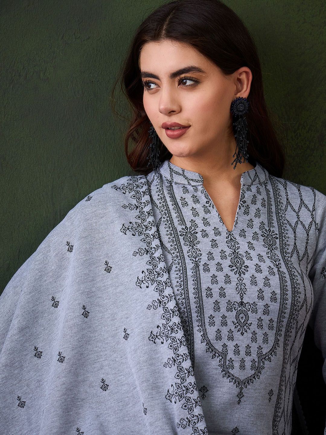 Sangria Winter Woolen Ethnic Motifs Woven Design Kurta With Trousers & Dupatta | Grocsy