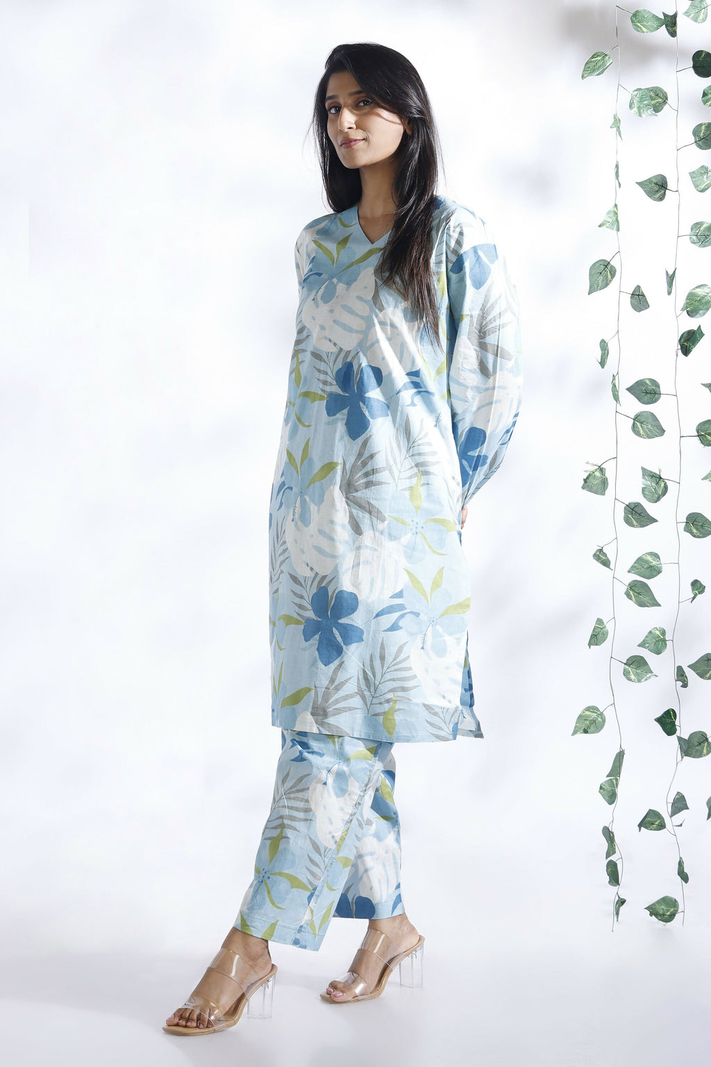 Breathables Blue Floral Print Cotton Long Kurta Co-Ord Set Cotton | Grocsy