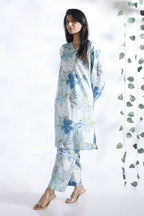 Breathables Blue Floral Print Cotton Long Kurta Co-Ord Set Cotton | Grocsy