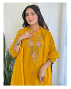The52 Women's Beautiful Rayon Slub Fabric Embroidery Work Straight Kurta Pant and Dupatta Set | Grocsy