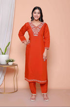 Miravan Womens Orange Embroidered Straight Kurta With Palazzo And Dupatta Set | Grocsy