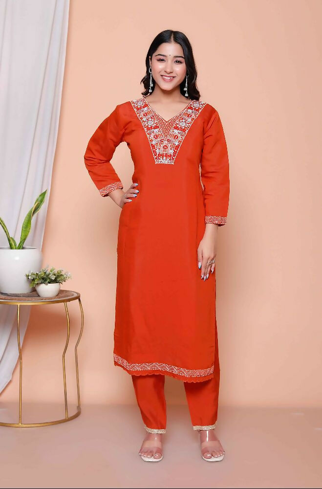 Miravan Womens Orange Embroidered Straight Kurta With Palazzo And Dupatta Set | Grocsy