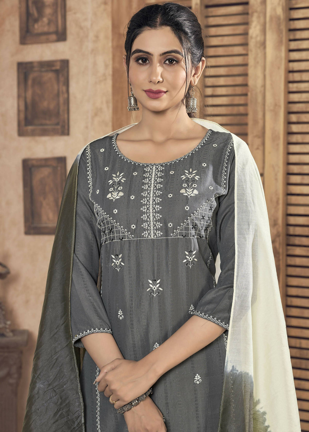 Jyoti Fashion Women's Grey Pure Viscose Weaving Stripe with Embroidery Kurta Set | Grocsy