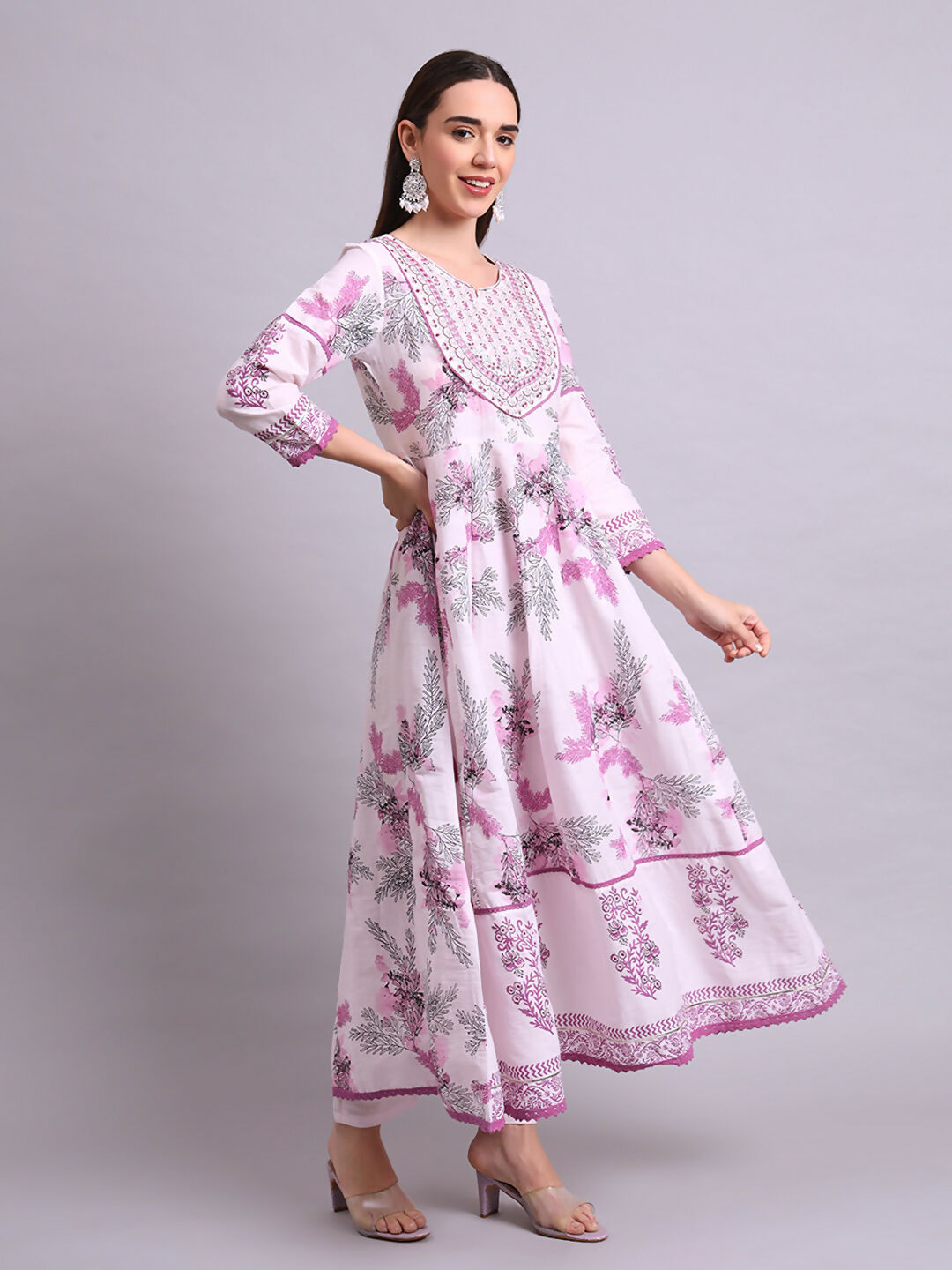 Joban Fashion Pink Cotton Floral Printed & Embroidery Work Anarkali Kurta With Trousers & Dupatta Set | Grocsy