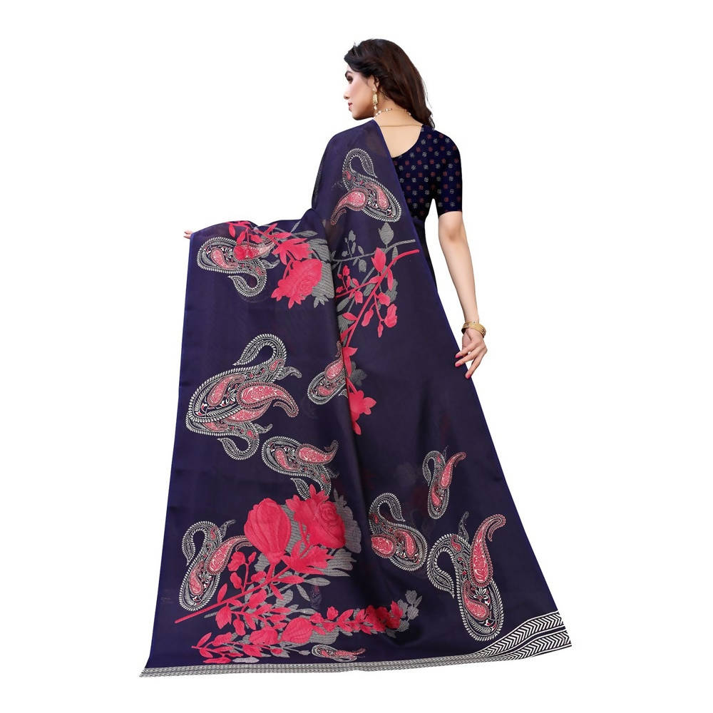 Vamika Printed Jute Silk Blue Saree (Leo Navy) | Grocsy