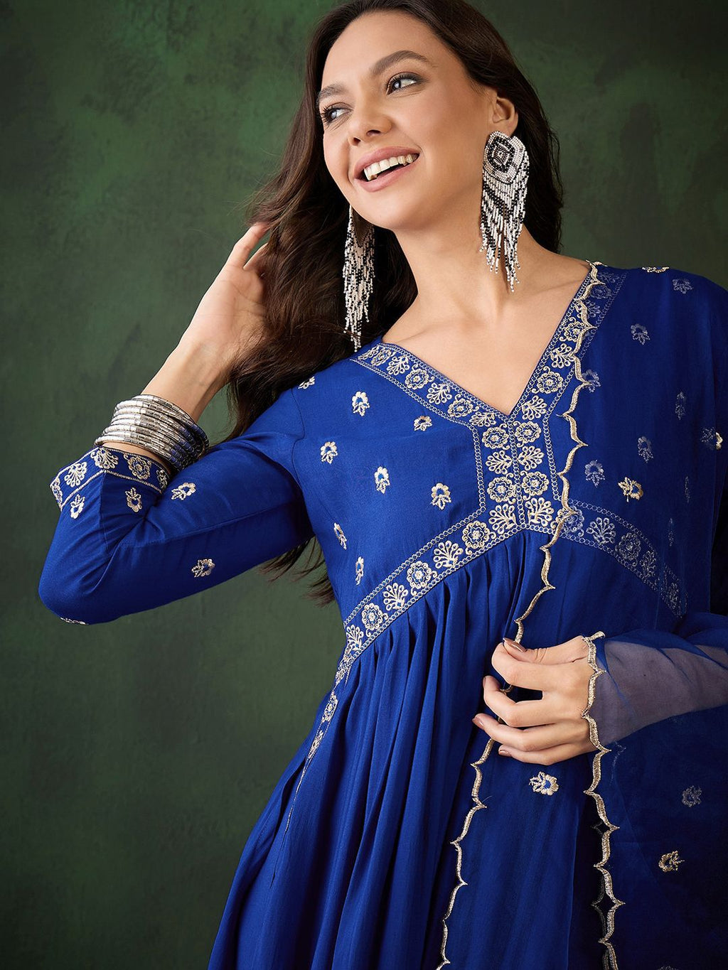 Sangria Embroidered Zari Sequence Kurta & Trouser With Dupatta | Grocsy
