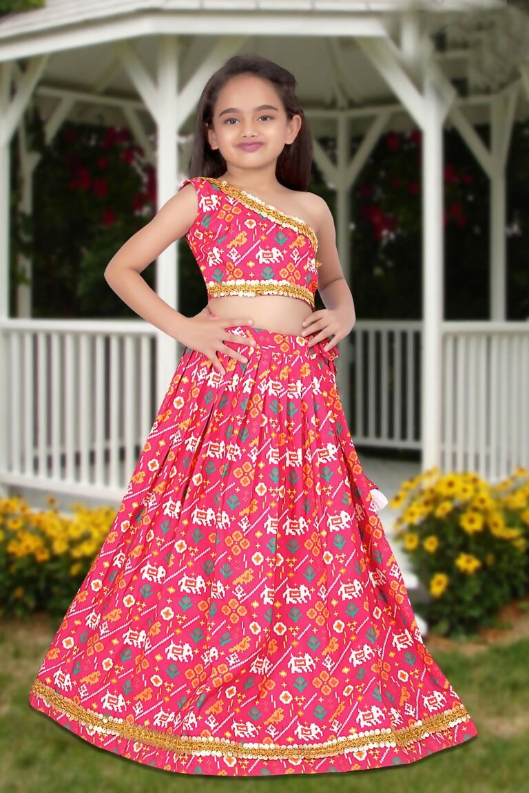 Aayaa Designer Printed Silk Pink Kids Lehenga Choli - Pink | Grocsy