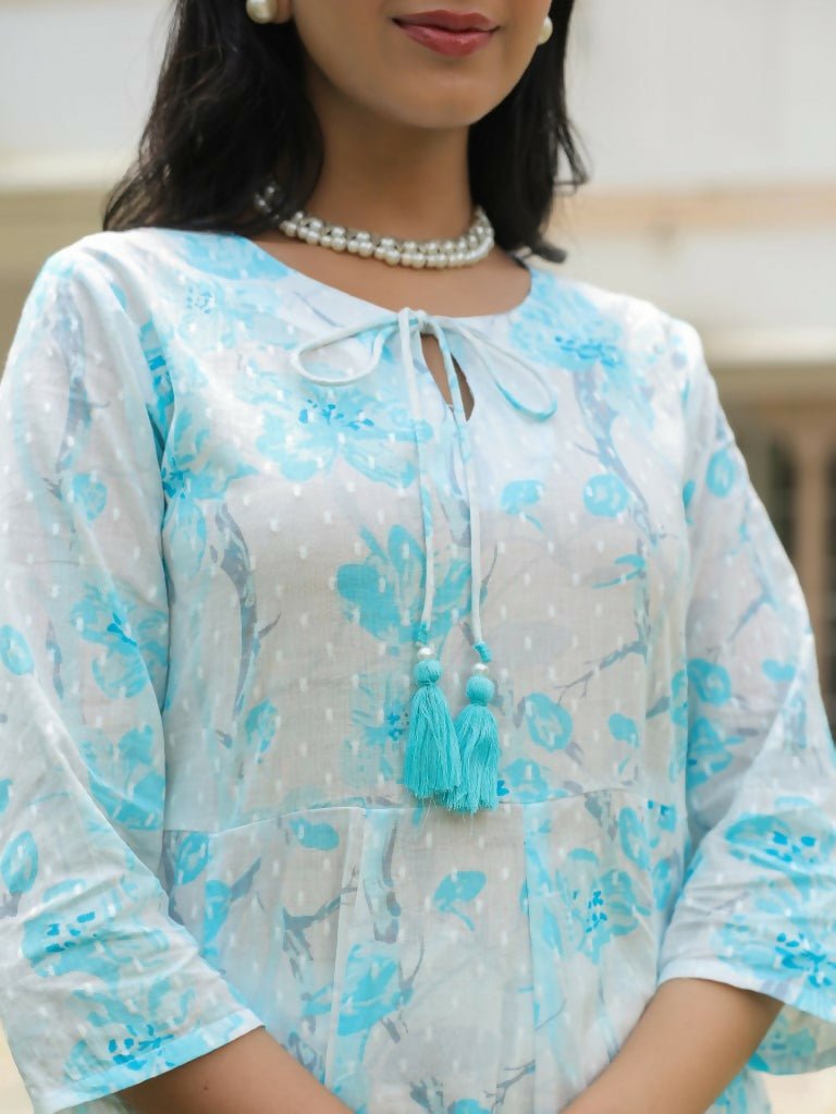 Aramya Flared Textured Cotton Floral Print Women's Kurta Set - White | Grocsy