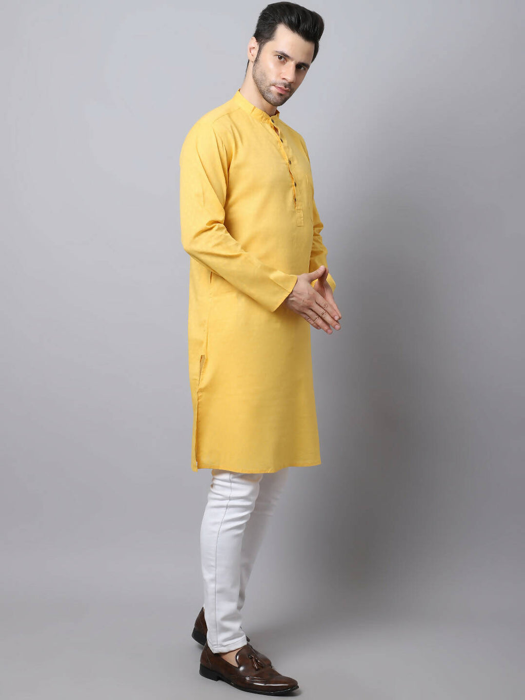 Even Apparels Yellow Pure Cotton Men's Kurta With Band Collar (SLD1183) | Grocsy