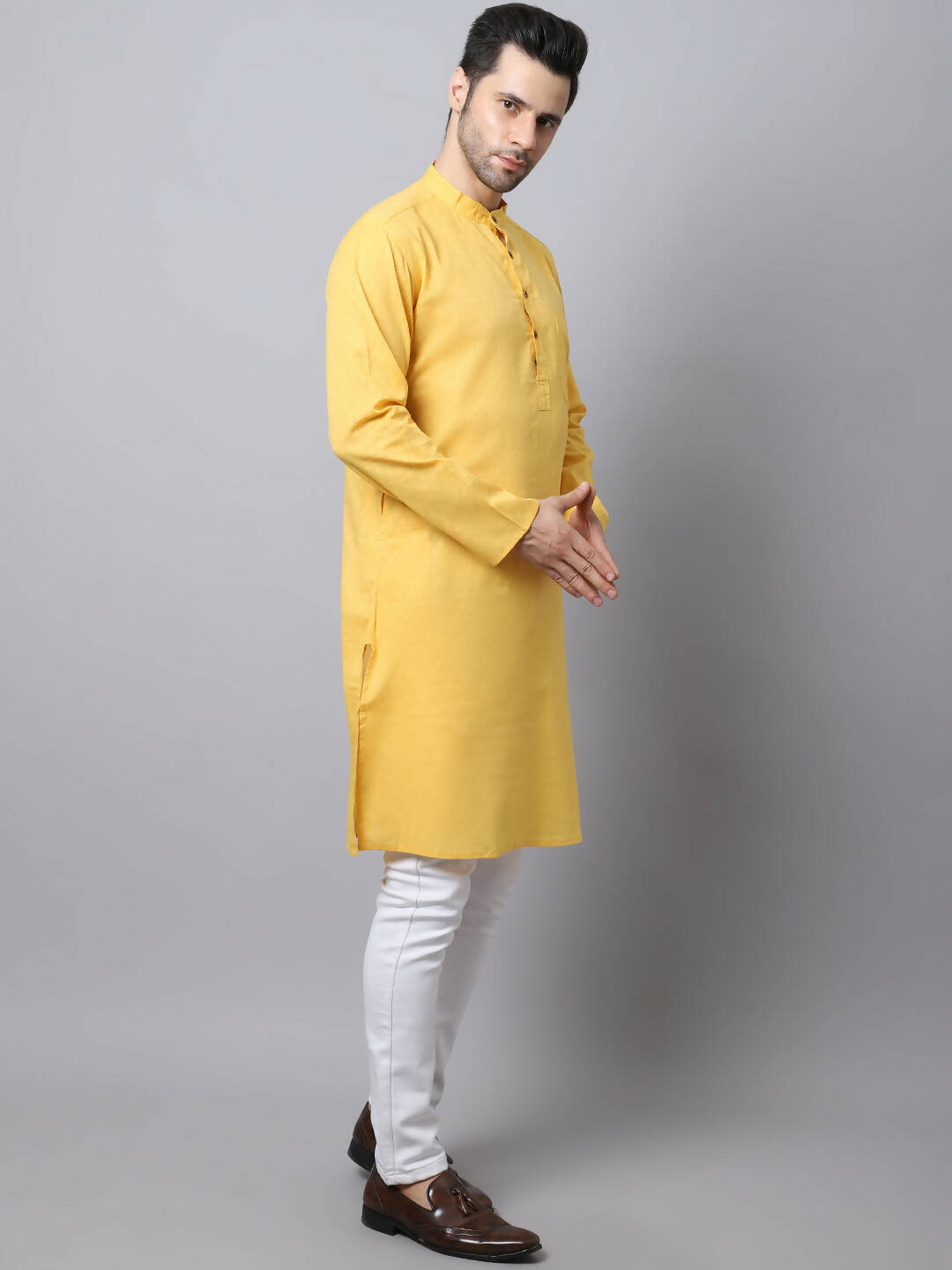 Even Apparels Yellow Pure Cotton Men's Kurta With Band Collar (SLD1183) | Grocsy