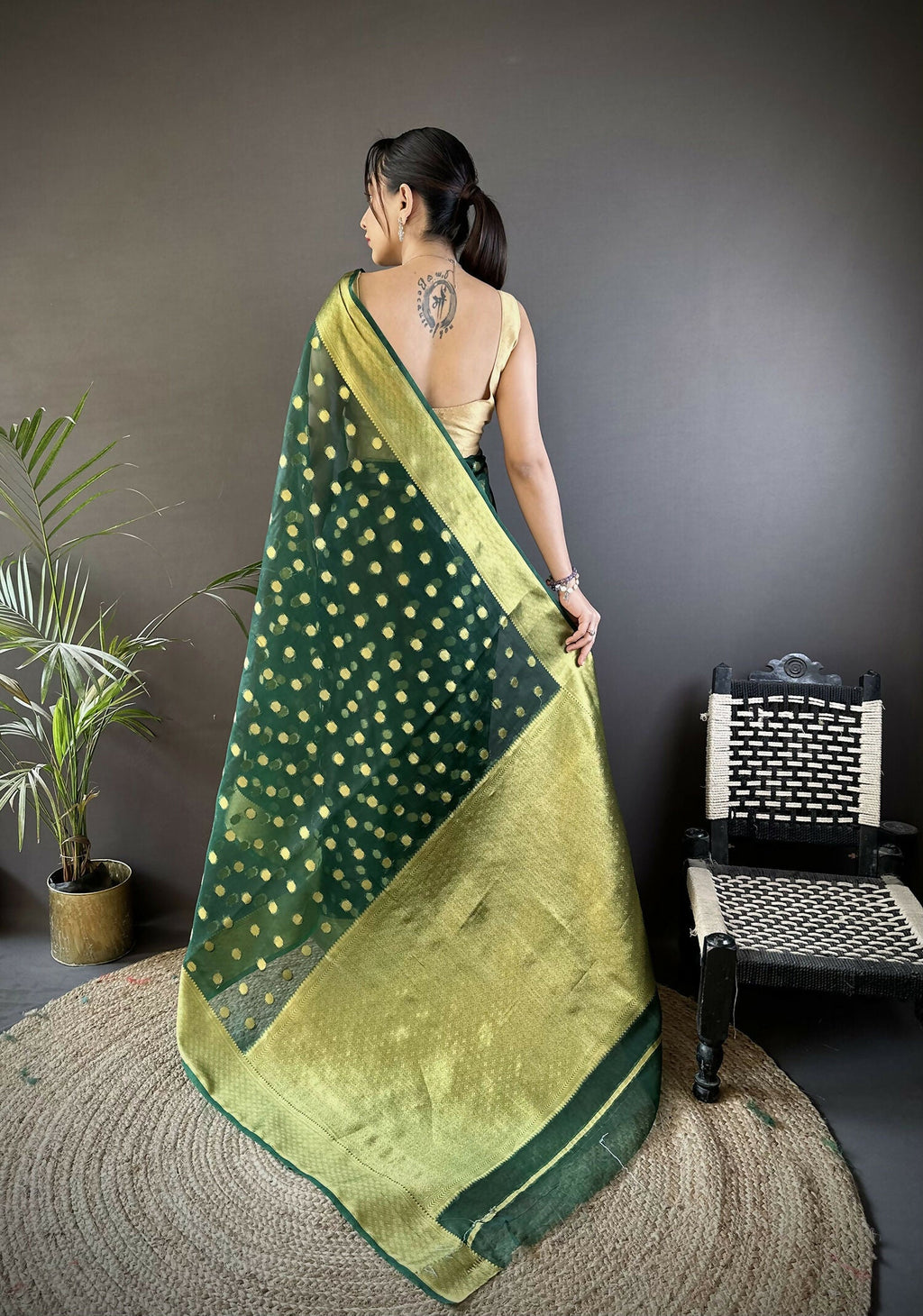 Joban Fashion Green Polka-Dot Zari Woven Organza Silk Banarasi Silk Saree | Grocsy