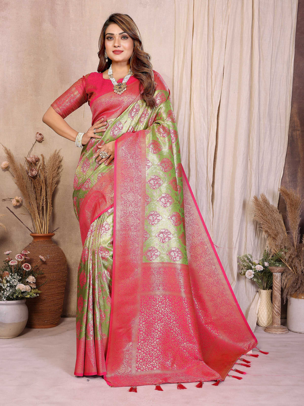 Aastha Fashion Pista Banarasi Tissue Silk Weaving Saree | Grocsy