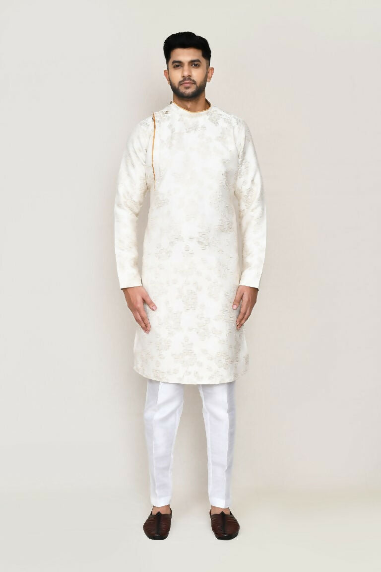 Joban Fashion Cream Colored Jacquard Silk Fabric Kurta With Straight Fit Pant | Grocsy