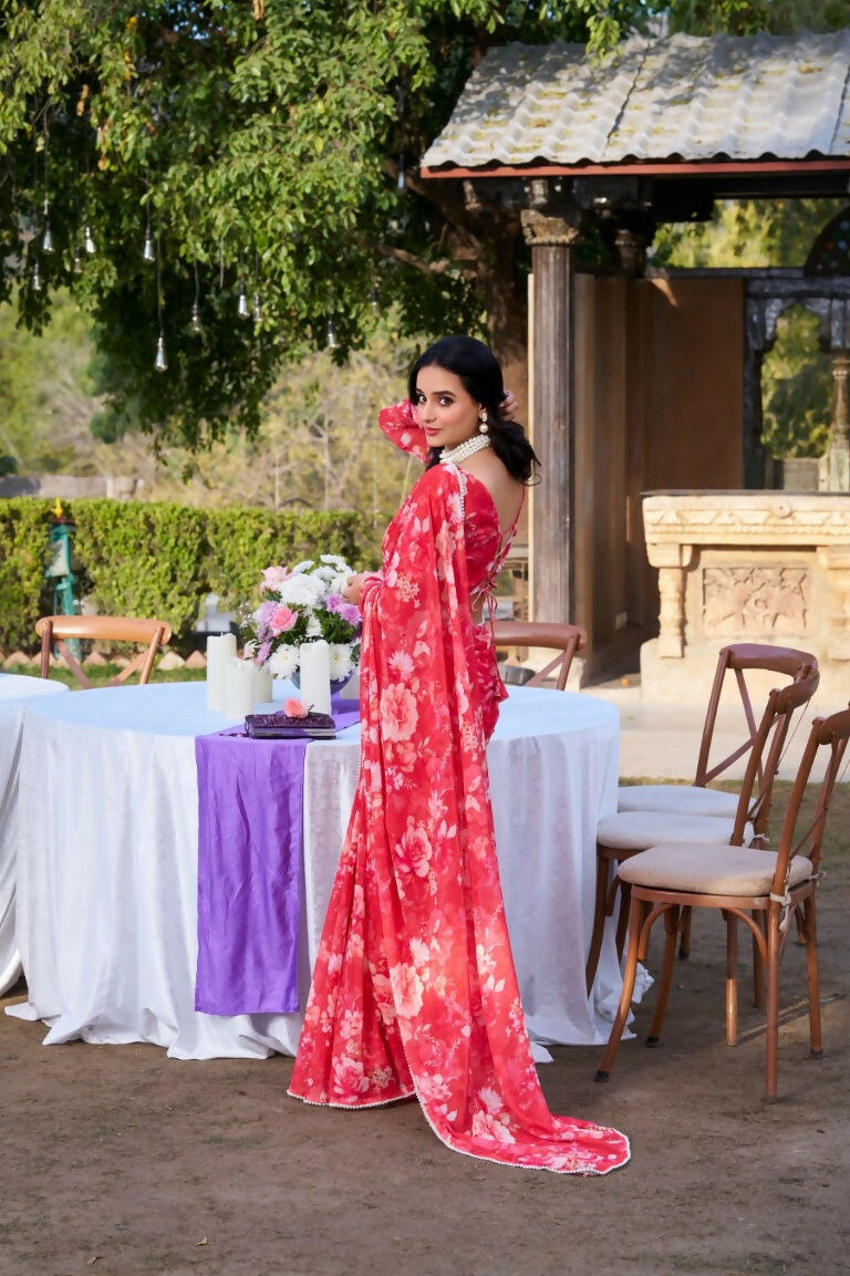 Vastranavya Red Weightless Marble Printed & Pearl Lace Border Saree with Unstitched Blouse | Grocsy