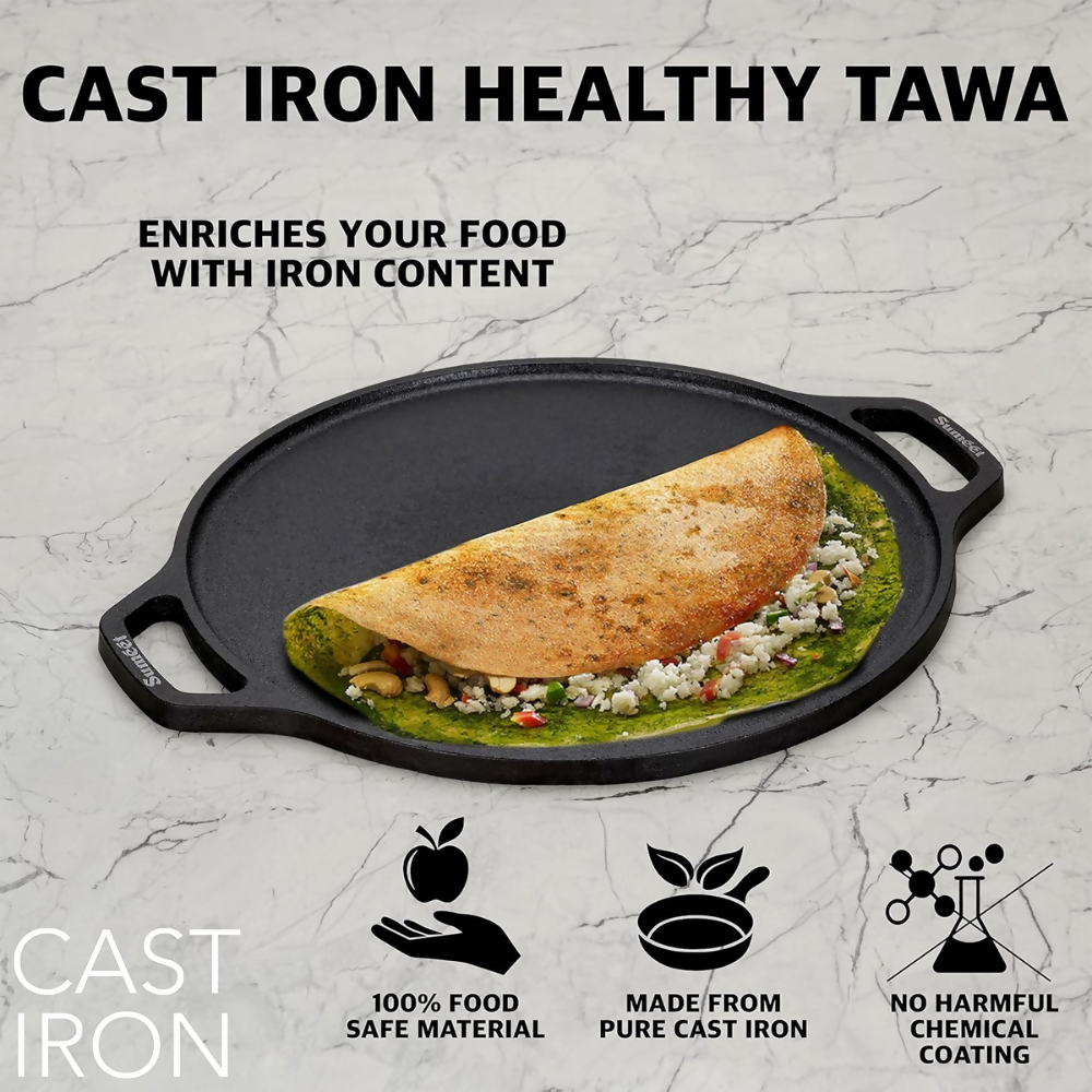 Sumeet Pre Seasoned Heavy Weight Cast Iron Flat, Induction Friendly Dosa Tawa - Black | Grocsy