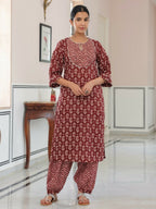 Aramya Straight Soft Cotton Block Print Women's Kurta - Brown | Grocsy