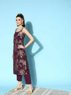 Ahalyaa Women's Wine Crepe Gold Smoke Printed Kurta Pant Set With Dupatta | Grocsy